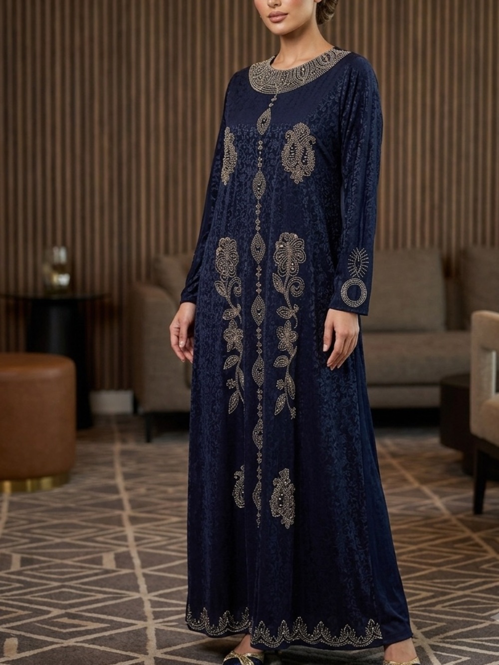 Elegant Navy Embroidered Abaya Dress
